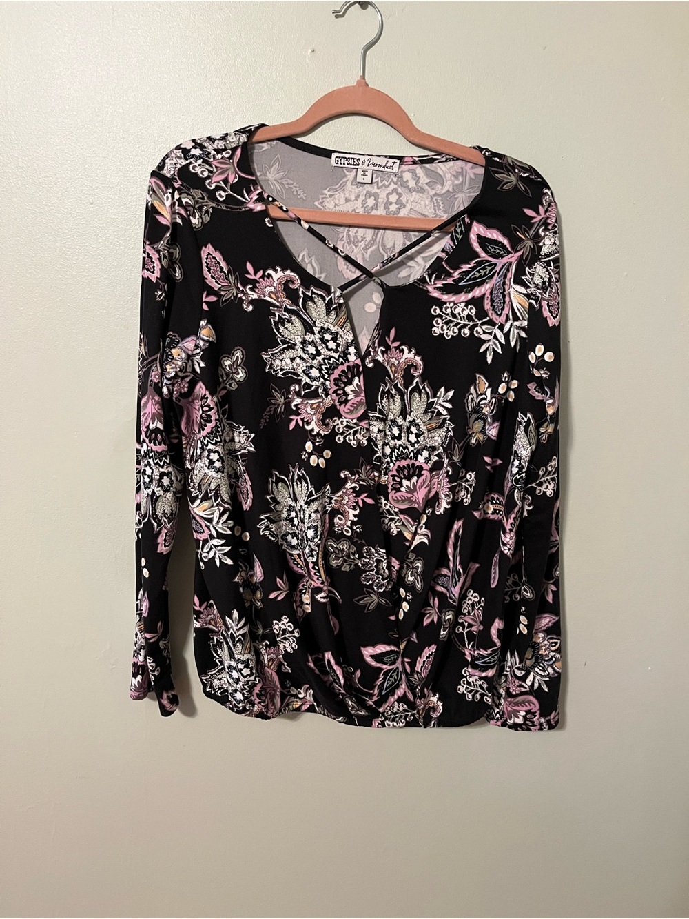 Gypsies & Moondust Black Floral Crisscross Long-Sleeve Top Boho Edgy feminine